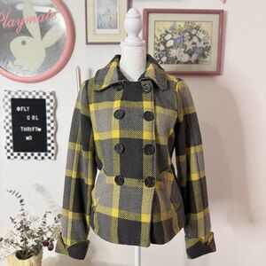Y2K Body Central Black and Yellow Plaid Pea Coat